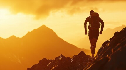 Hiker Ascending Rocky Trail Against Golden Sunset in Mountains