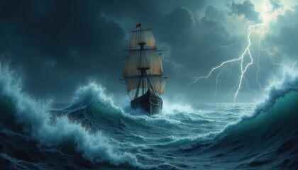 Obraz premium Dramatic Seascape Tall Ship Battling Stormy Ocean Waves and Lightning