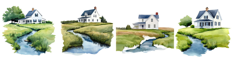 Fototapeta premium Charming pastoral landscape featuring traditional farmhouses nestled amidst a lush countryside setting