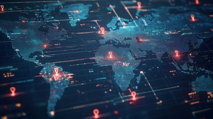 Naklejka premium Global Digital Technology World Map with Pin Pointer for Location and Navigation Services