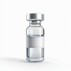 vaccine vial with clear liquid and a medical label, centered on a clean white background