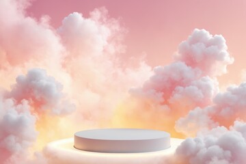 White podium on light base stands against pink cloud background