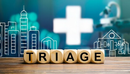 トリアージを意味する英単語triageの文字が書かれた木製のキューブブロック。 aiで生成	