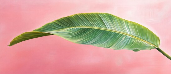 Obraz premium Vibrant green tropical leaf elegantly positioned above a soft serene pink background creating a calming exotic and alluring atmosphere