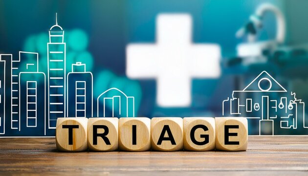 トリアージを意味する英単語triageの文字が書かれた木製のキューブブロック。 aiで生成	
