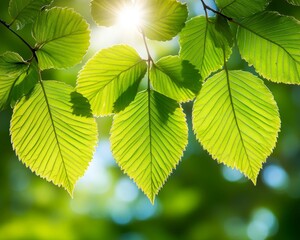 Sunlit Spring Foliage Fresh Green Leaves Against a Blurred Background, Nature s Beauty