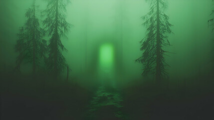 Fototapeta premium Mysterious green forest path, fog, eerie atmosphere; horror game background