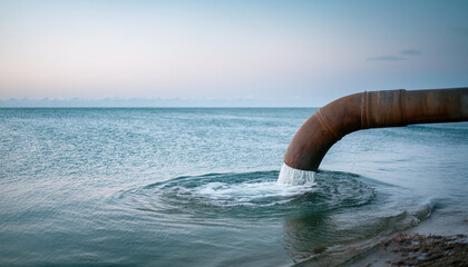 Fototapeta premium Large metal pipe discharging water into ocean or sea. Environmental pollution.