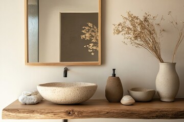 Minimalist Bathroom Vanity With Stone Sink And Dried Flowers