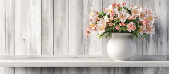 White wooden shelf with a white vase of spring flowers in soft pink and yellow against a rustic gray wood background creating a warm inviting atmosphere