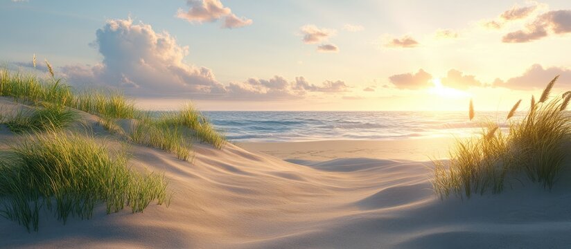 Tranquil beach sunset with warm golden hues illuminating soft sand dunes adorned with lush green grass and gentle ocean waves in the background