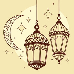 Create an illustration of Ramadan lanterns hanging with intricate patterns in a warm golden glow