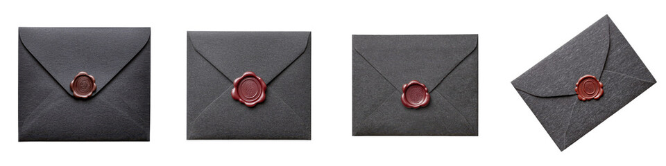 Elegant black envelopes with red wax seals placed on a gray background  The formal and regal design evokes a sense of luxury communication and official business