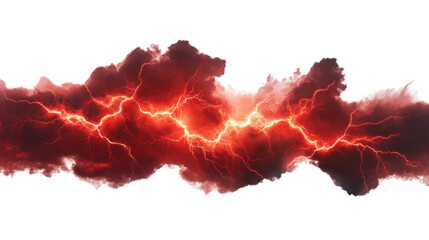 Red lightning striking through dark clouds on transparent background