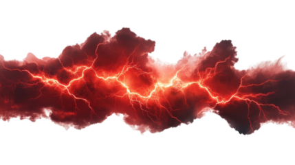 Red lightning striking through dark clouds on transparent background