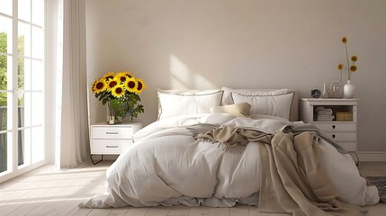 Beautiful bedroom interior with bouquet of sunflowers on bedside table