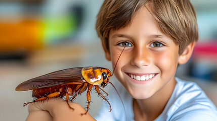 Photo A Child with a Giant Cockroach Biology Study Entomology