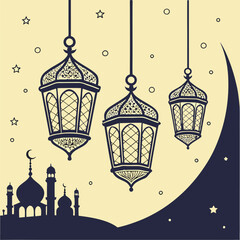 Create an illustration of Ramadan lanterns hanging with intricate patterns in a warm golden glow