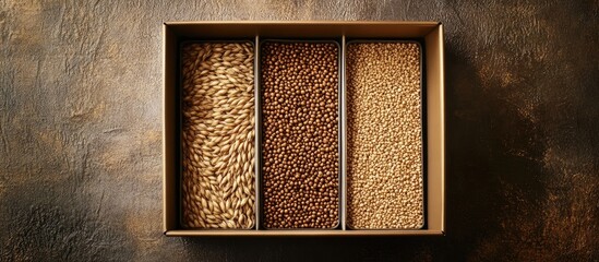 Fototapeta premium Steel box with three sections filled with various gluten-free wheat grains in shades of beige brown and tan on a textured dark surface showcasing high protein options for vegan diets