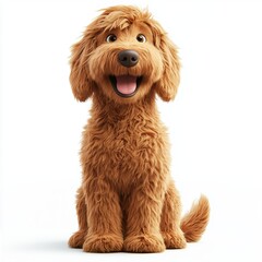 Fototapeta premium Realistic 3D icon of a Fluffy golden doodle dog sitting happily with a wagging tail, centered on a clean white background