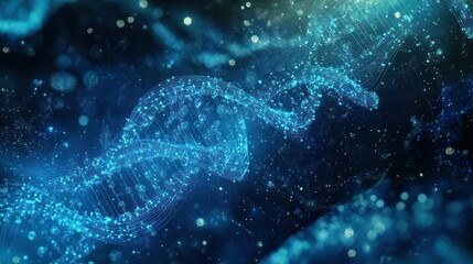 A molecular biology design combining elegant DNA models, molecular charts, and flowing graphs, illuminated on a radiant blue gradient.