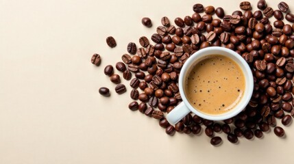 Aromatic Coffee Beverage in a White Cup Surrounded by Roasted Coffee Beans on a Neutral Background