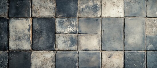 Obraz premium Vintage ceramic tiles in gray with rough textures arranged in a patchwork pattern showcasing depth and elegance in a classic square design.
