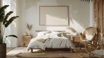 Beautiful bedroom interior with home mockup, rattan furniture and blank wall
