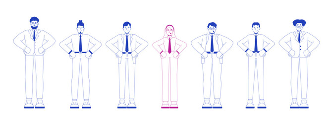 Empowered woman leading business team 2D illustration concept. Workplace diversity. Standing out female professional cartoon characters isolated on white. Metaphor abstract flat vector graphic