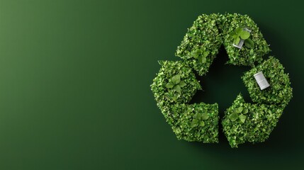A green recycling symbol made of lush leaves against a dark green background, emphasizing environmental sustainability and eco-friendliness.