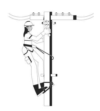 recommend clip art: Female electrician repairing utility pole linear illustration. Electricity maintenance. Power line worker middle eastern woman 2D line character isolated on white. Monochrome vector outline image