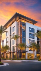Fototapeta premium Modern Suburban Office Building Glows at Twilight, Architectural Exterior With Palm Trees