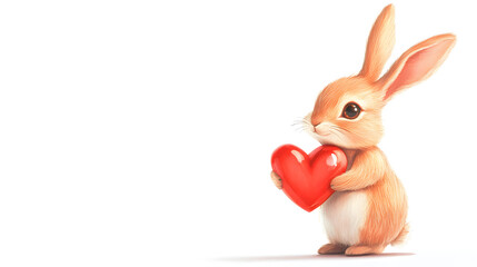 Sweet Valentine's Day card with a bunny holding a heart-shaped gift isolated on white background in HD