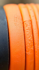 Close-up orange clay pigeon targets stacked outdoors, blurred background.  Shooting range, sporting clays, hunting