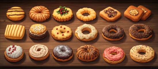 Fototapeta premium Assorted colorful sweet cookies arranged neatly on a rustic wooden table showcasing vibrant textures and various shapes ideal for dessert lovers.