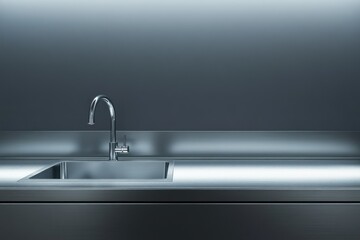 Metal sink and faucet on counter, clean kitchen, for ads, interior design, product photography