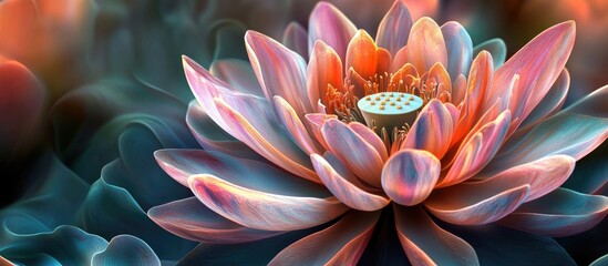 Vibrant three-dimensional lotus flower in shades of pink and blue positioned center surrounded by soft abstract green and orange backgrounds showcasing nature's beauty