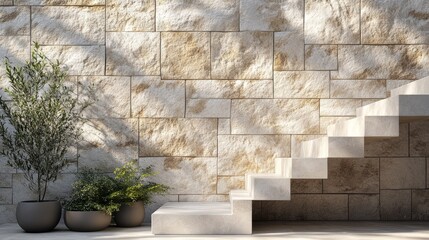 Beige stone wall with slabs for product display in a realistic 3D render, showcasing natural stone details and elegant design