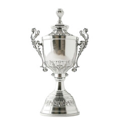 Fototapeta premium Elegant silver trophy with intricate design, symbolizing victory and excellence, isolated on white background for celebration and achievement themes.