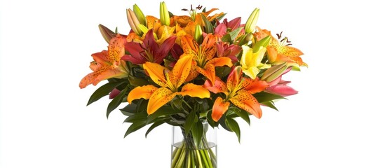 Vibrant bouquet of orange and yellow tiger lilies in a clear vase against a white background, showcasing their striking colors and elegance. © StockKing
