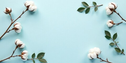 Elegant Cotton Blooms and Lush Green Leaves Arranged on a Pastel Blue Background, Creating a Serene and Natural Frame for Text or Design