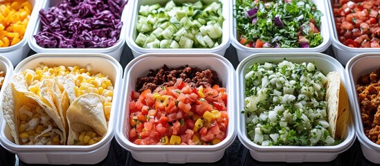 Assorted tacos in white containers arranged on a rustic wooden table with vibrant colors of tomatoes, corn, greens, and purple cabbage on display.