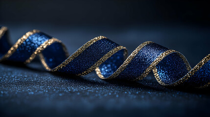 Photo: Swirling Elegance - Deep Blue and Gold Ribbon on Sparkling Background