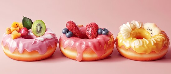 Fototapeta premium Three colorful donuts with vibrant pink and yellow icing, topped with fruit like strawberries, blueberries, and kiwi, set against a soft pink background.