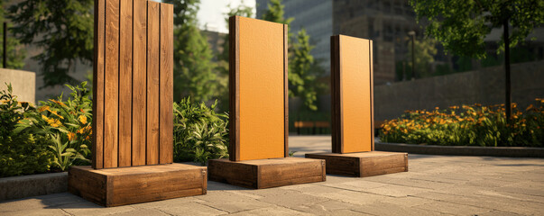 Three modern vertical structures made of wood and metal stand on a paved surface surrounded by greenery and flowers, showcasing contemporary outdoor design.