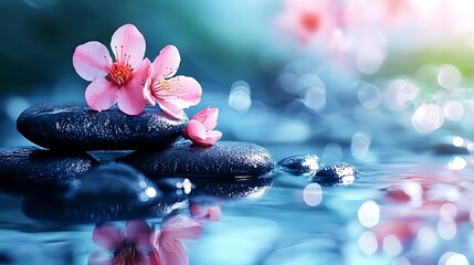 Fototapeta premium Delicate Pink Flowers on Smooth Black Stones in Tranquil Water Setting with Gentle Light