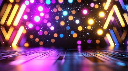 Obraz premium Dynamic Neon Lights and Colorful Bokeh Effects on Reflective Surface