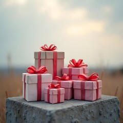 Obraz premium Romantic Gifts Arranged on Concrete Block in Soft Overcast Light