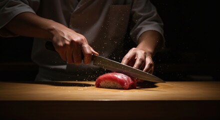 Obraz premium Chef Expertly Slicing Fresh Tuna Sushi