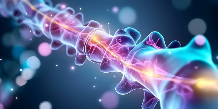 A colorful, stylized representation of a human spine, highlighting the vertebrae and spinal cord with glowing effects. Concept 3D Spine Illustration, Colorful Vertebrae, Glowing Spinal Cord